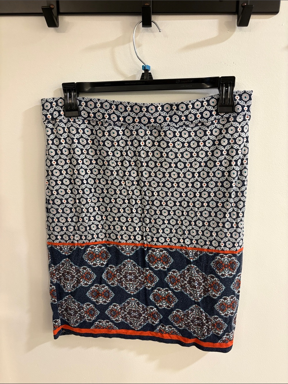 Max Studio Navy and Orange Patterned Midi Skirt